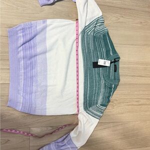 Saks Fifth Avenue Green, White & Lilac Striped Crewneck Sweater